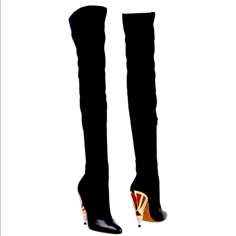 Givenchy Black Suede Enameled Gold Metal Cone Heels Over the Knee Boots